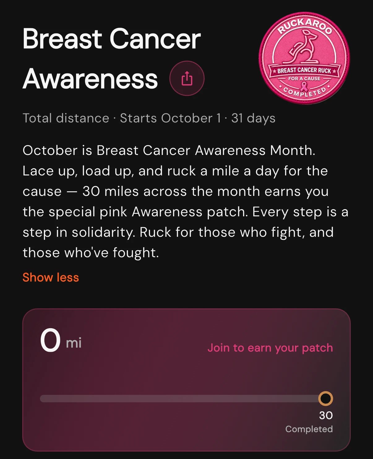 The Breast Cancer Awareness challenge in the Ruckaroo app: 30 miles across October earns the pink patch. Ruck for those who fight, and those who've fought.