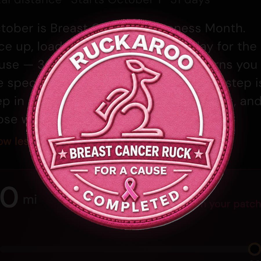 The limited #RuckCancer patch: pink embroidered Ruckaroo kangaroo, Breast Cancer Ruck, For a Cause, Completed